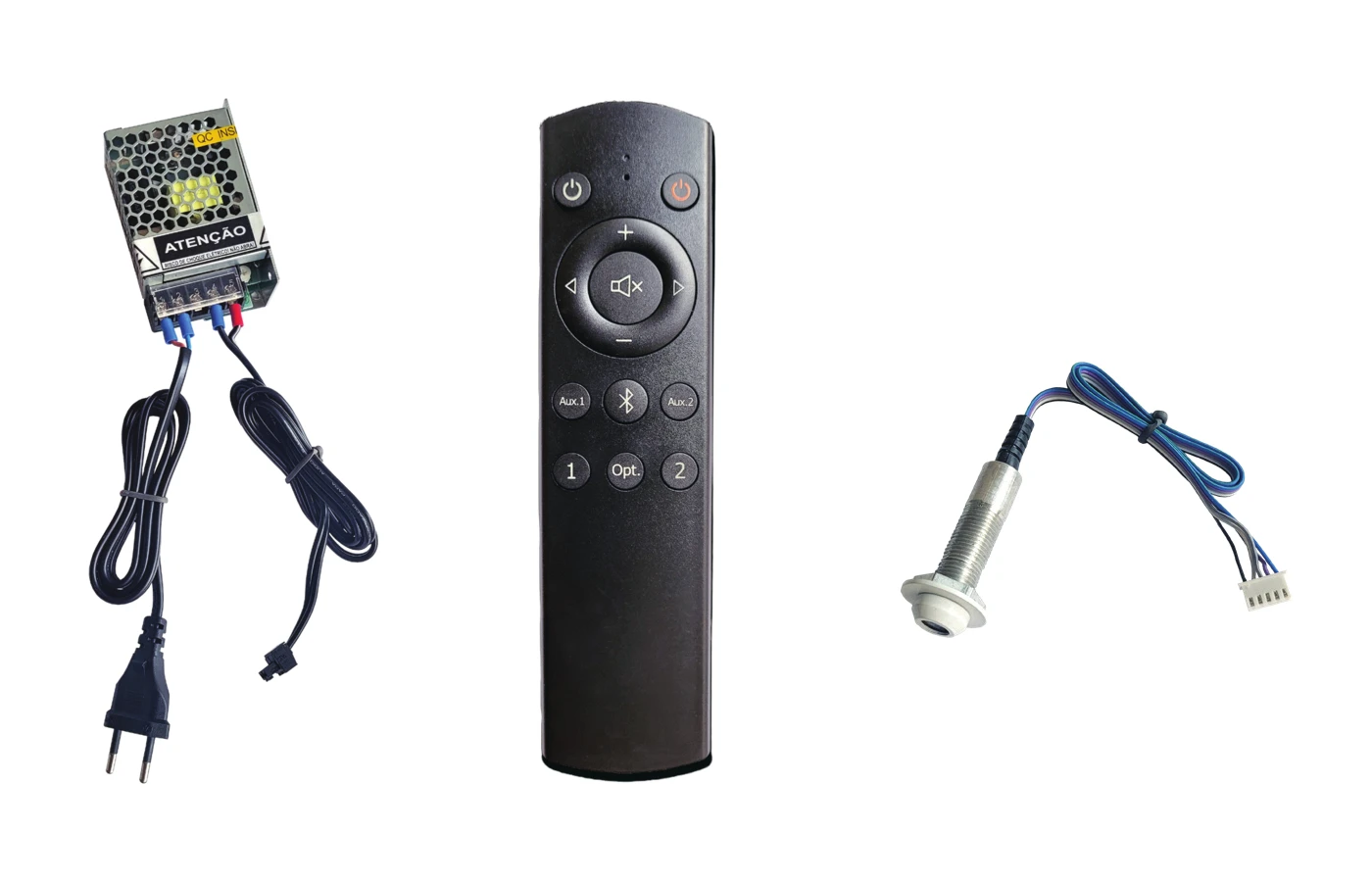 Acompanham o AMB15: fonte 12 V / 5 A, controle remoto e IR Blaster