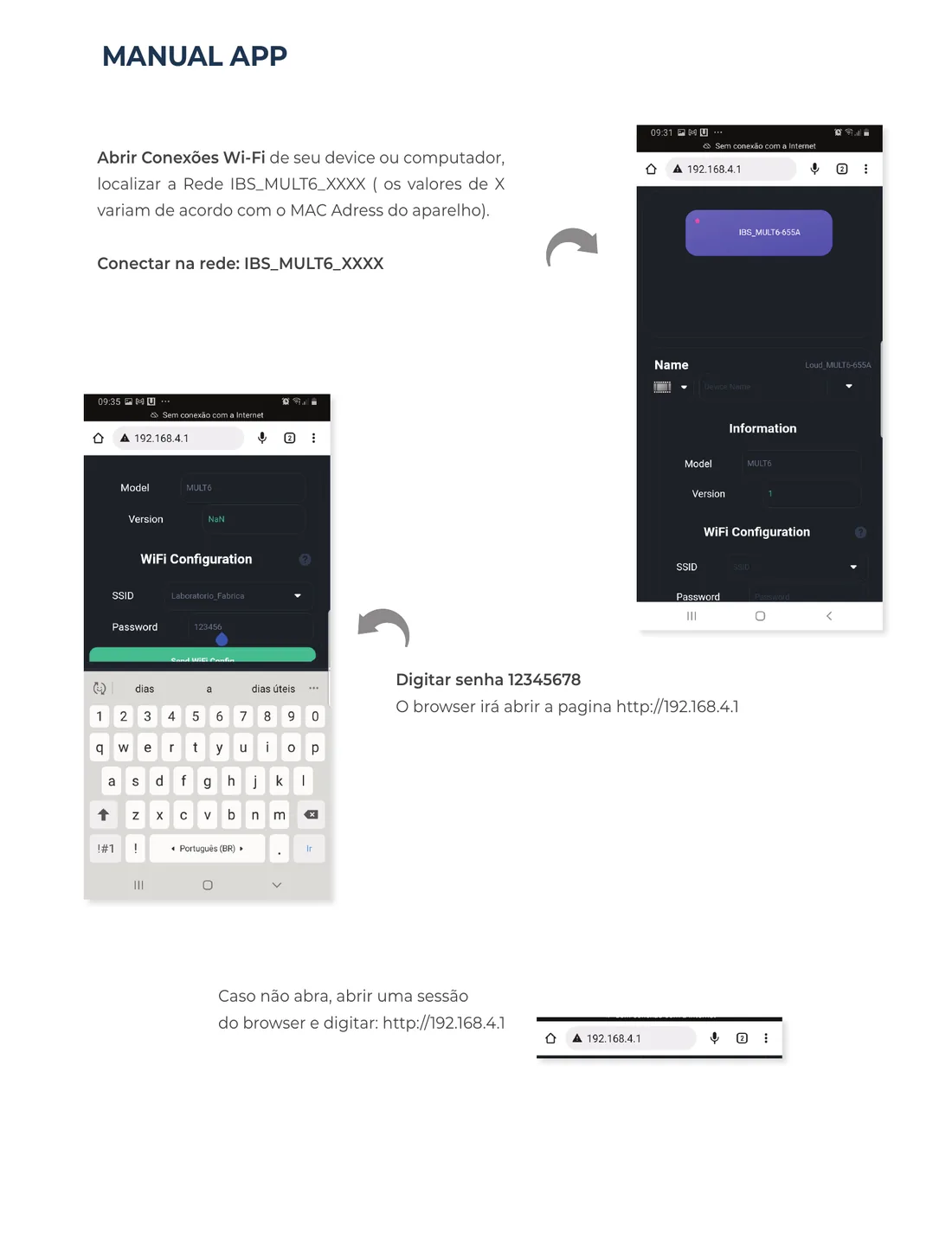 Passo a passo no celular: conectar na rede Wi-Fi IBS_MULT6_XXXX, digitar a senha e abrir a página 192.168.4.1 no navegador