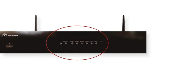 Painel frontal do Multiroom LM6 com os LEDs de Wi-Fi, Bluetooth e zonas destacados